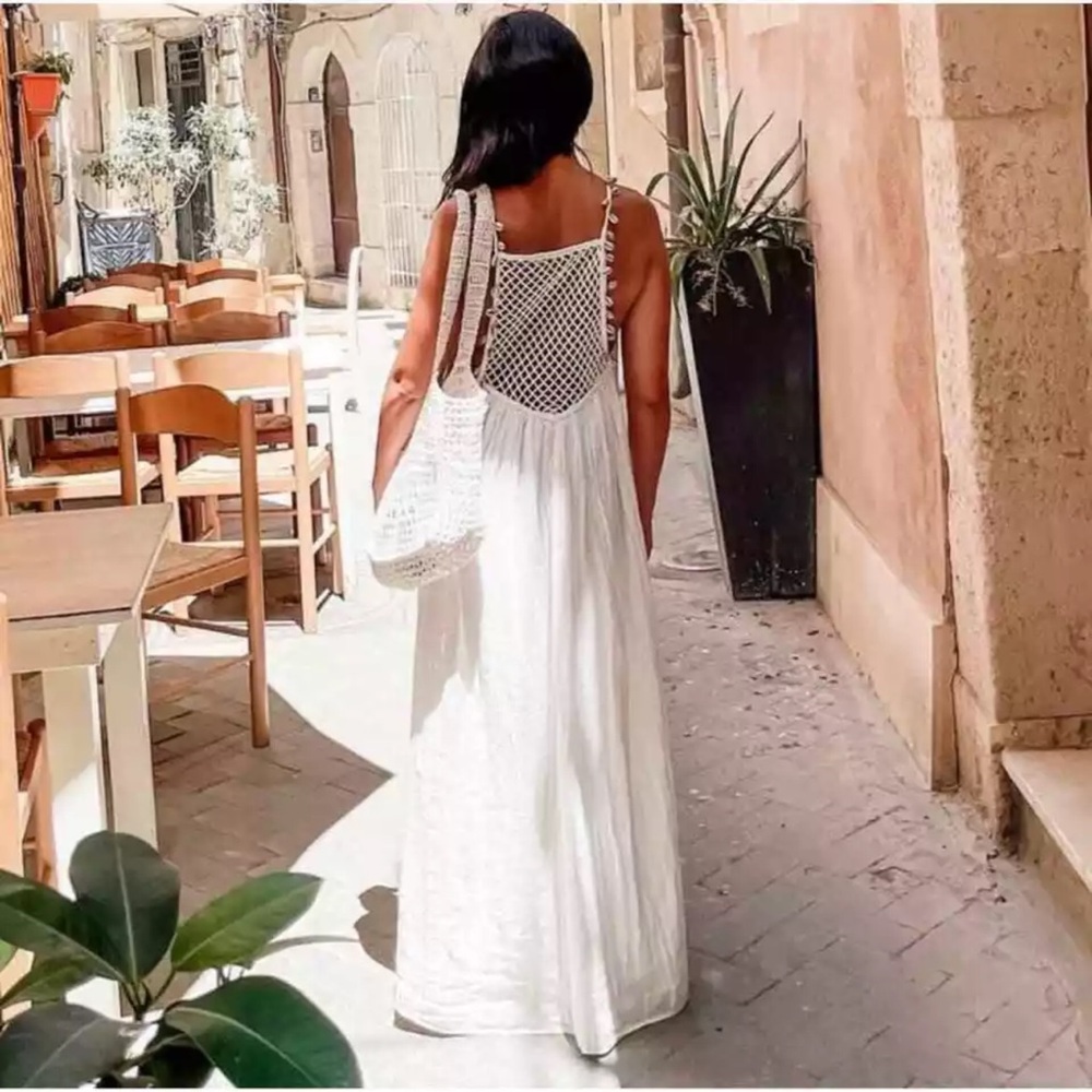 ZARA Long Summer Dress Seashell Embroidered Crochet Strappy XXL NWT - Picture 2 of 4